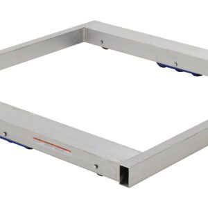 The Vestil Alum Pallet Dolly W/Tilt 8K 48 X 48 is a square metallic frame with a simple, sturdy structure, featuring handles on two sides and labeled text on one edge. It has a smooth, evenly finished surface for support or attachment.