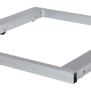 The Vestil Alum Pallet Dolly W/Tilt 4K is a sleek, rectangular dolly with a silver metallic frame and four wheels, ideal for moving large items. Its 48 x 48 design with visible corner bolts ensures durability and style.