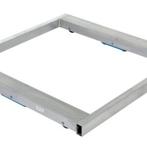 A metal square frame with a brushed finish and blue plastic corners, like the Vestil Alum Pallet Dolly No Tilt 6K 48 X 48, rests on a white background with slightly raised sides for a hollow center.