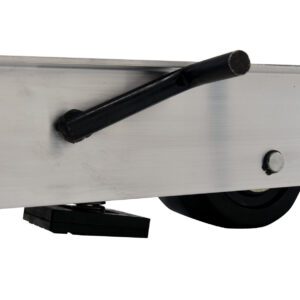 A close-up of a metallic beam with a black handle and an attached wheel resembles the sleek design of the Vestil Option Floor Lock Alum Pallet Dolly, supported by a small black block against a plain white background.