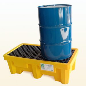 A blue metal barrel stands on a Vestil Ultra Spill Pallet Two Drum No Drain, featuring a yellow base with a black grid to catch leaks, set against a plain, light background.