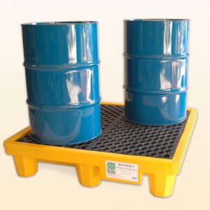Two blue industrial barrels sit on a Vestil Ultra Spill Pallet Four Drum with Drain, featuring a yellow base and black grid surface, ensuring safety and spill prevention in industrial settings against a plain, light background.