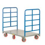 The Little Giant 6-Wheel Double End Rack Platform Truck features a gray base, two vertical blue handles, and striking red swivel wheels. Its open frame structure allows for easy loading and unloading, perfect for efficiently transporting heavy items.