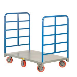 The Little Giant 6-Wheel Double End Rack Platform Truck features a gray base, two vertical blue handles, and striking red swivel wheels. Its open frame structure allows for easy loading and unloading, perfect for efficiently transporting heavy items.