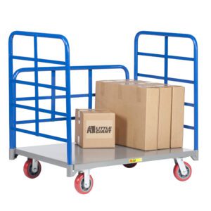 The Little Giant Double End Rack Platform Truck with Side Rack has a blue metal frame and four red caster wheels. Three cardboard boxes sit on its gray platform, one labeled Little Giant, while the side rack provides additional support.