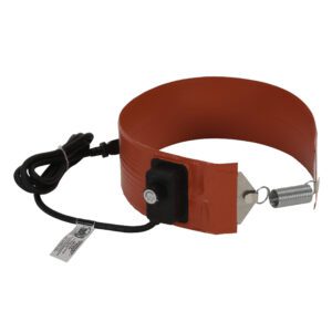 The Vestil Poly Drum Heater for 5-gallon capacity features a red silicone band with a black control box, power cord, and spring fastener for efficient heating and temperature maintenance of drum contents.