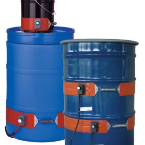 Two large blue industrial drums with Vestil Steel Drum Heater bands, designed for 30-gallon capacity, feature striking red and black colors. One drum supports a smaller black container with a heating band, and the setup includes cables and control units for efficiency.