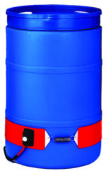The Vestil CSA Steel Drum Heater, wrapped around a blue 55-gal industrial barrel, features a red strap with a black control box and visible metal tension spring. The robust 240 V system ensures efficient heating, all set against a plain white background.