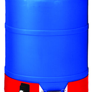A large, blue plastic barrel features a red heating belt at its base, similar to the Vestil CSA Steel Drum Heater 55 Gal 120 V, with a black control knob and electrical cord. The cylindrical barrel stands upright against a white background.