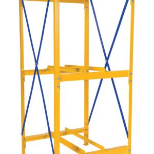 The Vestil Horizontal Drum Storage Rack 1W X 3H features a tall yellow metal frame with blue crossbars and diagonal supports, resembling an industrial shelving unit.