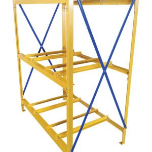 A metal storage rack with three tiers, a yellow frame, and blue crossbars for support, similar to the Vestil Horizontal Drum Storage Rack 2W X 3H. Its empty but designed for holding pallets or industrial items.