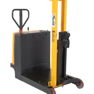 The Vestil Counter Balanced Single Drum Stacker 12V, designed for warehouses, efficiently moves pallets and materials. It features a yellow and black powered walkie stacker forklift with a handle, three red wheels, and a counter-balanced mechanism for enhanced drum stacking.