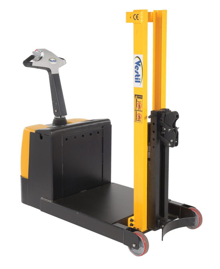 The Vestil Counter Balanced Single Drum Stacker 24V in yellow and black features wheels for visibility and a control handle, while the mast displays the brand name and safety labels, ensuring easy and safe pallet lifting and transporting.