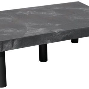 The Vestil Dunnage Rack Solid Top - 36 X 24 has a black rectangular platform with six cylindrical legs, resembling an industrial surface. The material is solid, durable, and slightly textured.