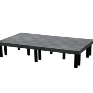 This minimalist coffee table, inspired by the Vestil Dunnage Rack Solid Top - 66 X 36, boasts a textured gray-black surface and multiple cylindrical black legs arranged in rows.