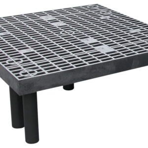 The Vestil Dunnage Rack Vented Top - 36 X 36 is designed with a metal grid surface and vented top, set on four sturdy black legs with circular reinforcements, offering durability and efficiency for transporting goods.