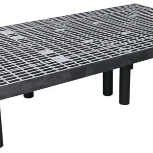 The black Vestil Dunnage Rack Vented Top - 66 X 36 has a metal grid surface and cylindrical legs with an elegantly designed grid featuring circular patterns at regular intervals.