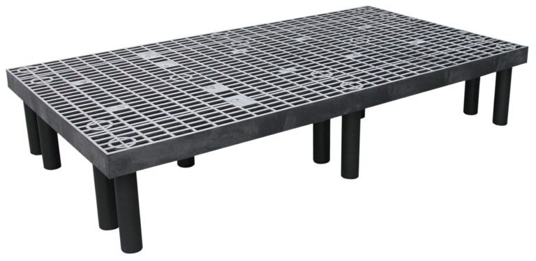 DRP-V-6636_A.jpg The black Vestil Dunnage Rack Vented Top - 66 X 36 has a metal grid surface and cylindrical legs with an elegantly designed grid featuring circular patterns at regular intervals.