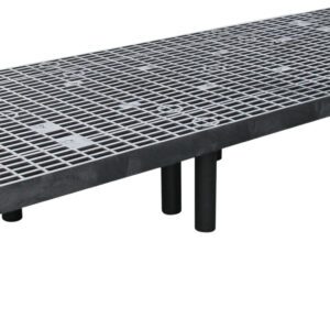The Vestil Dunnage Rack Vented Top - 96 X 36 is a large industrial metal platform with black cylindrical legs and an evenly spaced grid, designed to elevate the rack for optimal functionality and durability.
