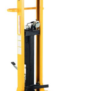 The yellow manual pallet stacker with a black handle and two wheels is ideal for lifting and moving pallets. It features a hydraulic lifting mechanism and sturdy frame, ensuring easy maneuverability in warehouse tasks. Its perfect for handling the Vestil Portable Drum Jack Steel 55 Gallon Drum too.