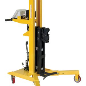 The yellow Vestil Ergo Drum Truck W/Scale 900 Lb is a hydraulic drum stacker with a wheeled base and black lifting mechanism, designed for easy lifting and transporting of drums. Its manual handle ensures smooth operation, while the sturdy frame guarantees reliable performance.