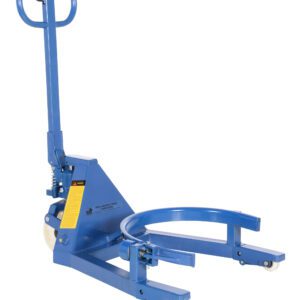 The Vestil Portable Drum Jack Steel 660 Lb Capacity offers a manual hydraulic lift and circular clamp design. It includes a handle and small wheels for easy mobility, ideal for securely lifting and transporting drums in industrial settings.