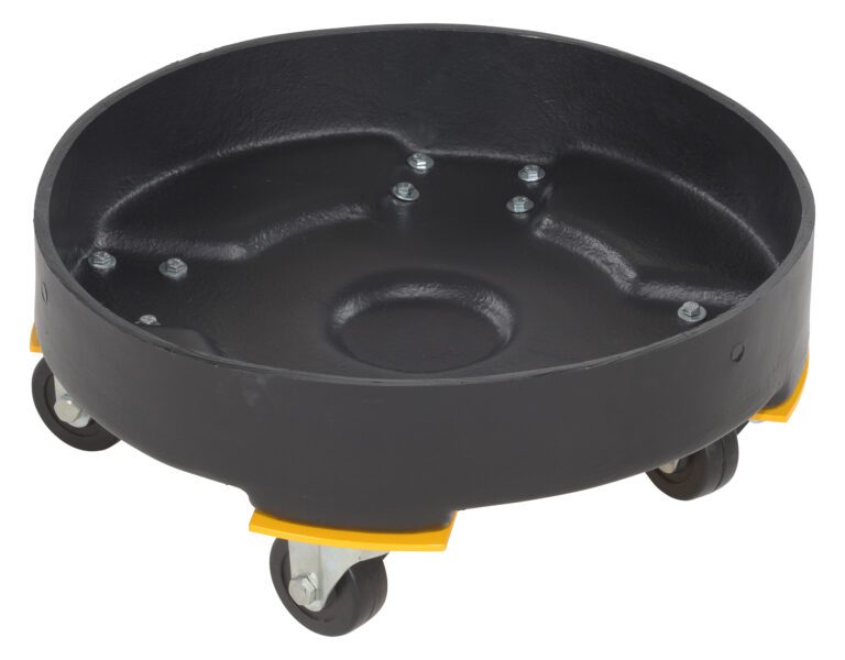 The Vestil Drum Dolly Hd Poly Black 30 Gallon is a round plastic plant caddy with four swivel caster wheels, featuring a solid base with recessed areas and visible screws for stability.
