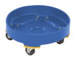 The Vestil Drum Dolly HD Poly features a durable blue design with an indented center and yellow accents. With six caster wheels, its ideal for effortlessly transporting 30-gallon barrels.