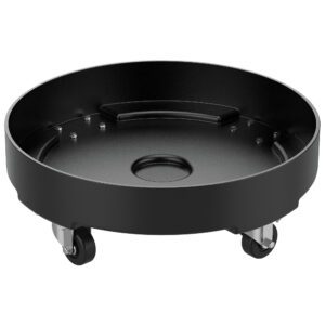The Vestil Drum Dolly Ld Poly Black 30 Gallon offers a sturdy design perfect for large potted plants or 30-gallon drums. It features a flat base with a central circular indentation, metal fasteners, and four caster wheels for smooth mobility.