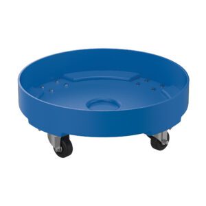 The Vestil Drum Dolly LD Poly Blue 55 Gallon features a round base and four black caster wheels, designed to effortlessly support and transport 55-gallon containers.
