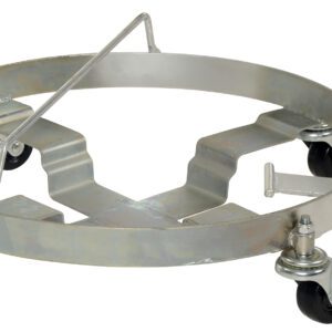 The Vestil Drum Dolly W/Handle & Tilt 1K Capacity boasts a sturdy frame with four caster wheels, ideal for transporting barrels or kegs. Its handle and securing mechanism offer stability and ease while supporting up to 1,000 pounds.
