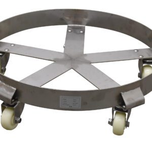 The Vestil Stainless Steel Drum Dolly 5 Spoke includes a circular frame with five caster wheels, sturdy crossbars for support, and off-white wheels that glide smoothly. It features a sleek, shiny metal finish.