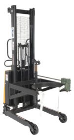 The Vestil Dc-Drum Lifter / Rotator / Transporter features a robust vertical lifting mechanism with chains and an adjustable fork, plus a manual handle, front wheels, and sturdy platform for effortlessly handling heavy objects.