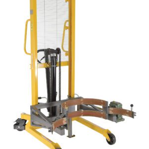 The Vestil Drum Lifter/Rotator/Transport W/Strap, with a metal frame, hydraulic lift, and wheels for mobility, securely lifts cylindrical objects like drums using its gripping mechanism for safe and efficient transport.