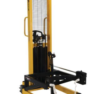 A yellow Vestil Drum Lifter/Rotator/Transporter with a black platform, designed for lifting and moving pallets. It features a safety mesh guard, hand controls, and mobility wheels.
