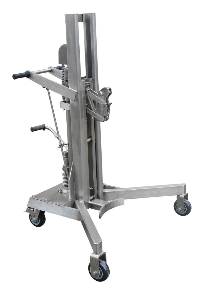 The Vestil Stainless Steel Drum Lifter/Transporter, with a sleek vertical frame, features two handles and a wide, sturdy base on four caster wheels for seamless mobility during handling tasks.