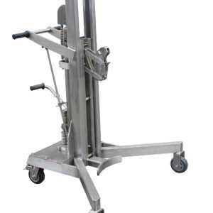 The Vestil Stainless Steel Drum Lifter/Transporter, with a sleek vertical frame, features two handles and a wide, sturdy base on four caster wheels for seamless mobility during handling tasks.