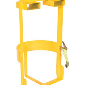 The yellow steel bracket features a circular base, vertical support bars, and Vestil Overhead Drum Lifter elements with 1000 lb capacity. It includes a strap and ratchet mechanism for secure wall mounting, ensuring gas cylinder stability.