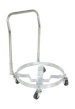 The Vestil Multi-Purpose Quad Drum Dolly W/Handle 1200 Lb is a metal cart with four swivel casters and a handle, specially designed to transport large circular items such as barrels or drums, featuring a circular frame and supports for secure handling.