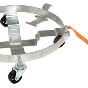 The Vestil Multi-Purpose Tilting Drum Dolly 1200 Lb has a sturdy circular frame, four swivel casters, an orange pull strap, and a black hook for easy movement of cylindrical items.