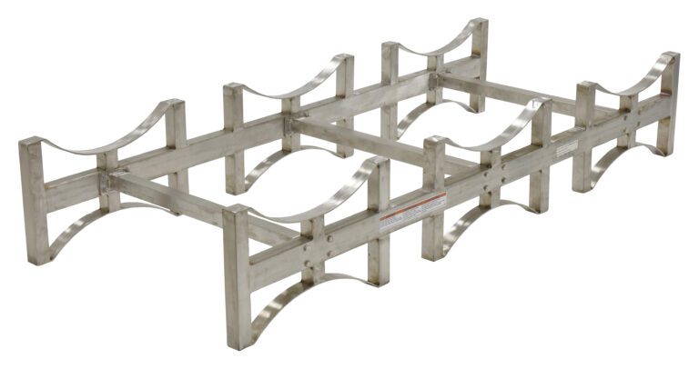 The Vestil Stackable Drum Rack Ss 3 Drum-55 is a silver metal rack with a rectangular frame, multiple arches, and sturdy supports, ideal for securely holding items. Its industrial and utilitarian design makes it perfect for practical storage needs.