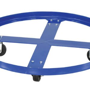 The Vestil Over Pack Drum Dolly, a blue metal dolly with a 900 lb capacity, features a circular frame, four caster wheels, and cross brace support for easy movement of large objects.