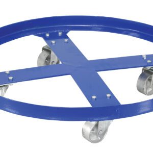The Vestil Over Pack Drum Dolly 1200 Lb Cap 32 In, with a strong blue metal construction and four swivel caster wheels, is ideal for moving large containers. Its 32-inch circular frame and cross brace offer robust support for heavy-duty tasks.