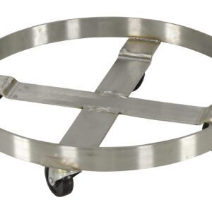 The Vestil Mobile Drum Dolly-Stainless Steel 55 Gal, featuring a round metal design with four caster wheels and a cross-shaped support structure, provides stability and easy maneuverability for transporting large or heavy items effortlessly.