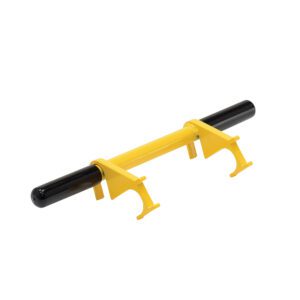 A yellow and black barbell attachment, similar to the sturdy Vestil Drum Stik-Handle And Bung Wrench, has dual hooks for secure fastening. It also features two black cylindrical grips on each side, perfect for holding or resting weights efficiently.