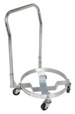 The Vestil Three Tier Drum Dolly W/Handle 1200 Lb is a sturdy silver dolly with a circular base and four black caster wheels. It supports up to 1200 lbs, offers easy handling with its tall handle, and effortlessly secures and transports round items using an open center.