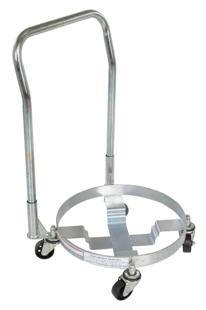 DRUM-TRI-C-HDL_A.jpg The Vestil Three Tier Drum Dolly W/Handle 1200 Lb is a sturdy silver dolly with a circular base and four black caster wheels. It supports up to 1200 lbs, offers easy handling with its tall handle, and effortlessly secures and transports round items using an open center.