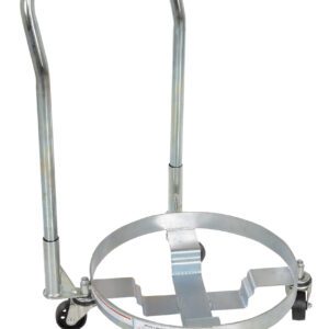 The Vestil Three Tier Drum Dolly W/Handle 1200 Lb is a sturdy silver dolly with a circular base and four black caster wheels. It supports up to 1200 lbs, offers easy handling with its tall handle, and effortlessly secures and transports round items using an open center.
