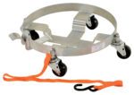 The Vestil Three Tier Tilting Drum Dolly 1200 Lb has four black swivel caster wheels, an orange strap with a black hook, and a circular frame to securely support round containers during transport.
