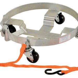 The Vestil Three Tier Tilting Drum Dolly 1200 Lb has four black swivel caster wheels, an orange strap with a black hook, and a circular frame to securely support round containers during transport.